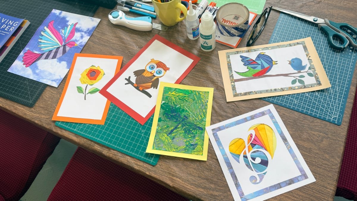 Finished iris folding pieces on the studio worktable