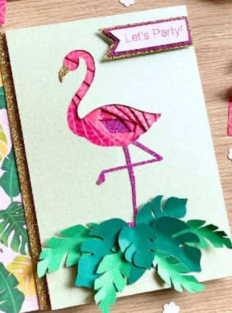 Iris-folded pink flamingo card with paper palm leaves