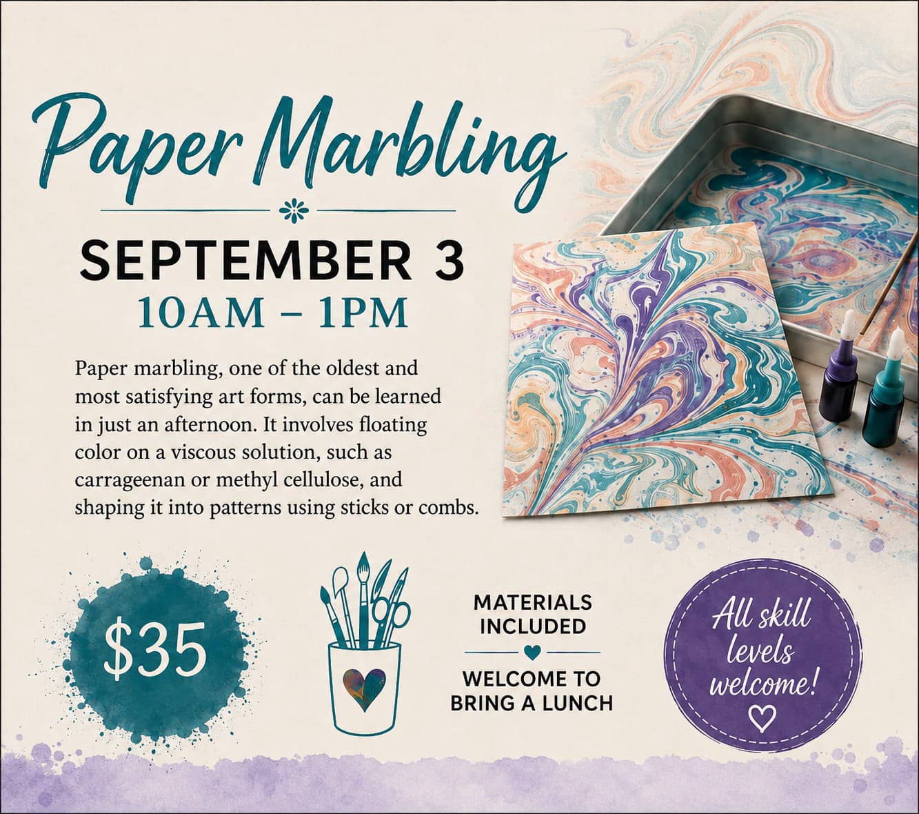 Paper Marbling class — September 3, 10am to 1pm, $35, materials included, all skill levels welcome